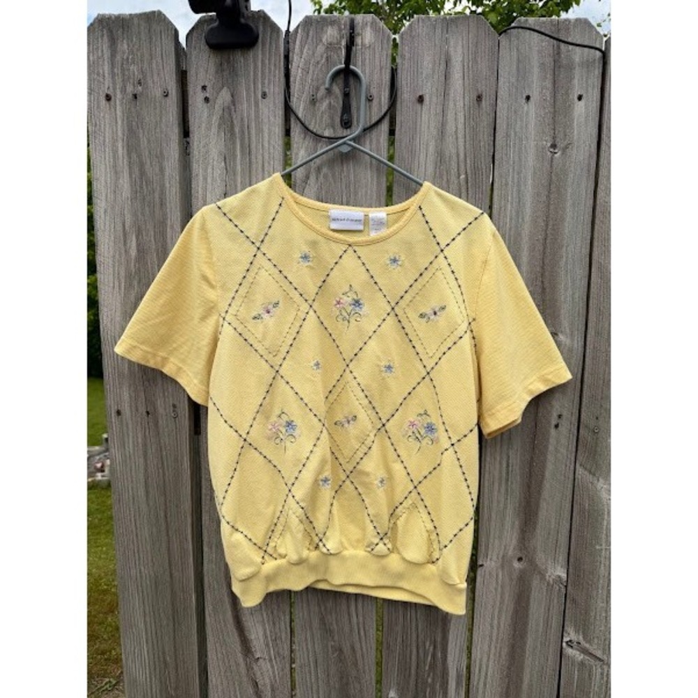 Cottagecore Vintage Floral Embroidery Alfred Dunner Yellow Argyle Knit Top Large